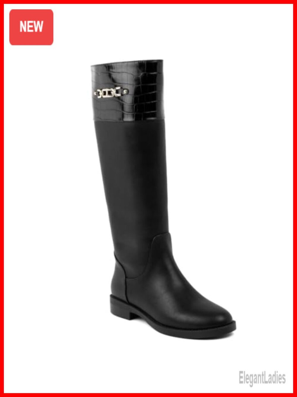 Faux Leather Knee-High Riding Boots with Gold Buckle Detail Low Heel Side Zip